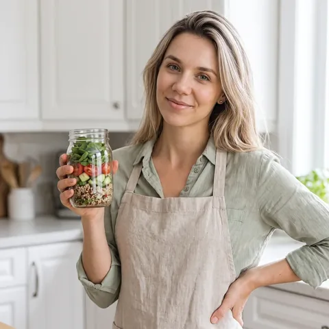 Mia Rose, nutrizionista, con un barattolo di insalata in mano